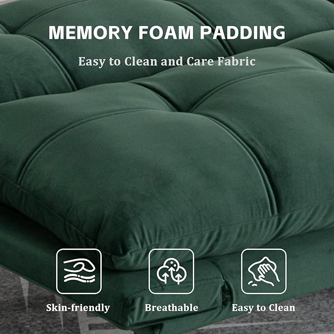 67” Velvet Futon Sofa Bed Convertible Small Upholstered Couch 2-Seat Loveseat Sleeper with Adjustable Backrest and Armrest for Small Space ApartmentGaming RoomOffice(Green)
