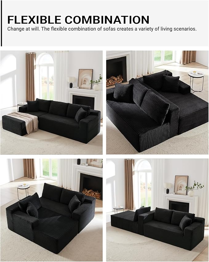 Boneless Couch for Living Room 104 Inch Cloud sectional Couch with Deep Seat Corduroy Modular Sectional Sofa with L-Shape Chaise No Assembly Required (Black Left Facing Chaise)