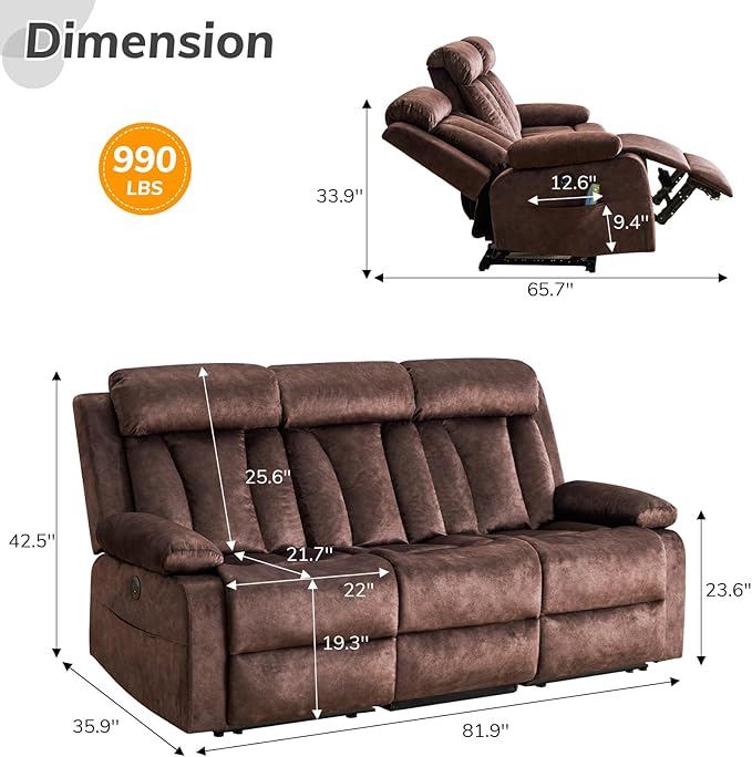 Power Recliner Sofa with Drop Down Table Heat &amp Massage Reclining Sofa Couch with Cup Holders USB &amp Type-C Ports Recliner Couch for Living Room RV Office Apartment