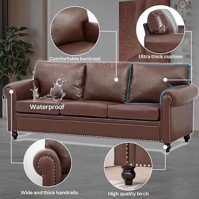 Brown Faux Leather Couch Comfy Classic 3 Seater Living Room SofaMid-Century Modern Sofa with Detachable Cushions 84 for Living Rooms Bedrooms OfficesApartments Tool-Free Assembly(Brown)