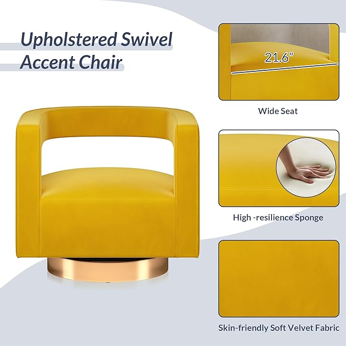 BELLEZE Swivel Barrel Accent Chair Set of 2 Modern Upholstered Arm Comfy Velvet Curved Back Round Chair with Gold Base Wood Frame 360 Degree for Living Room Bedroom OfficeYellow