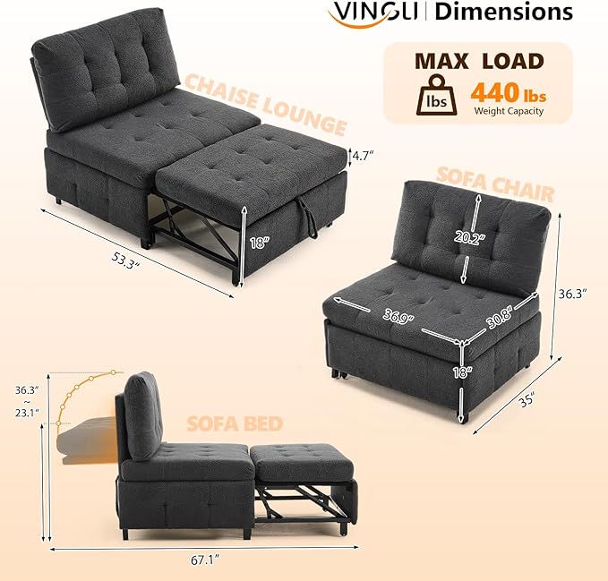 VINGLI Convertible Single Sofa Bed Tufted Teddy Fleece Sleeper Chair Bed Armless Living Room Chair Chaise Lounge with Adjustable Backrest Pull Out Couch Bed for Small Spaces (Dark Grey) | Armless Sofa