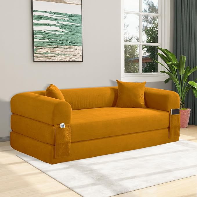 4-in-1 Folding Convertible Sofa Bed 80 Inch Corduroy Upholstered Boneless Couch Loveseat Sleeper with Pull Out Bed Floor Sofa Modular Futon Teddy Sofa for Living Room Bedroom Lounge Yellow