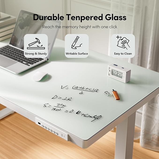 FEZIBO 48 × 24 Electric Standing Desk with Drawers Whole-Piece Glass Adjustable Height Desk One-Piece Quick Install Adjustable Sit Stand Desk White