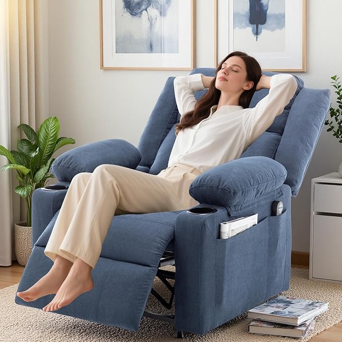 Power Recliner Chair Upholstered Recliner Heating Vibration Massage with Side Pockets Side Table &amp 2 Cup Holders for Living Room &amp Home Theater (Navy)