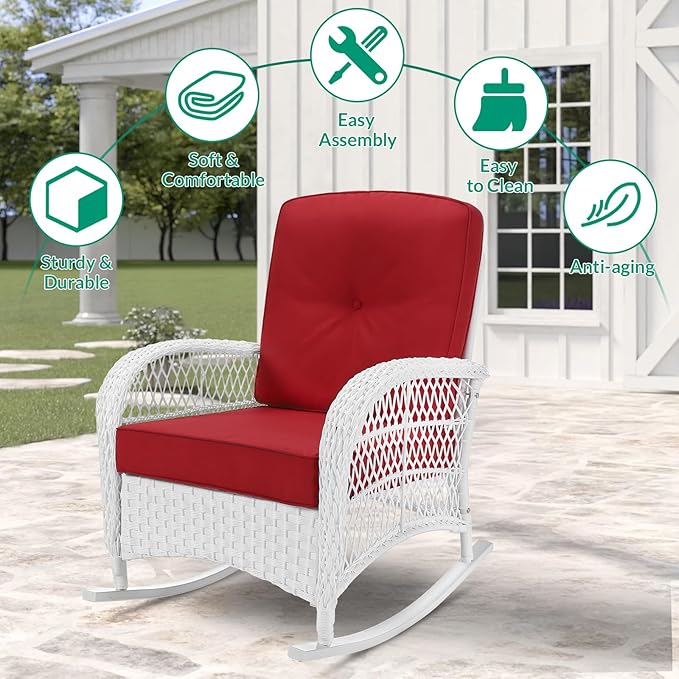 VIVIJASON Outdoor Wicker Rocking Chair Patio Rattan Rocker Chair with Cushions &amp Steel Frame All-Weather Rocking Lawn Rattan Furniture for Garden Backyard Porch (White Wicker/Red)