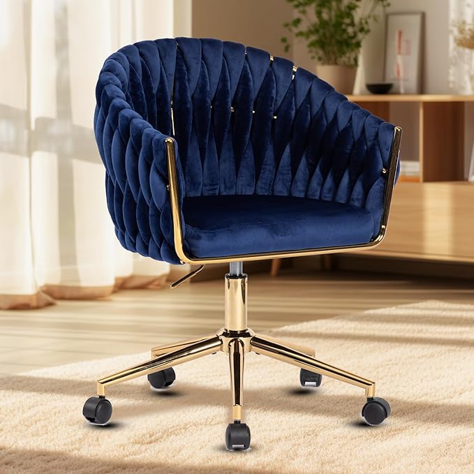 Velvet Office Chair with Back Vanity Chairs with Wheels 360° Swivel Velvet Home Office Desk Chair Accent Chair Makeup Vanity Chair for Bedroom Living Room(Blue)