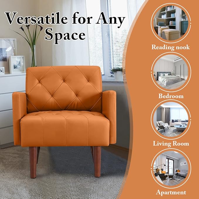 Leather Accent Chair Mid Century Modern PU Leather High Back Armchair for Living Room Chairs with Solid Wood Legs for Small Spaces Bedroom Office (Orange 29.1 x 25.6 x 31.1)