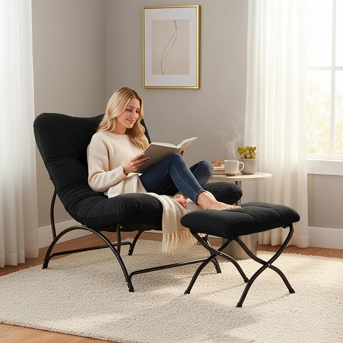 Tiita Accent Lazy Chair with Ottoman Comfy Lounge Chair with Metal Frame and Plush Fabric Thick Cushion Seated Cozy Recliner Chair for Reading Room Living Room Bedroom Office Black