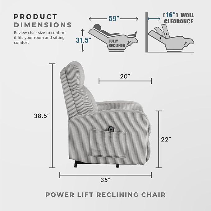 Lexicon Power Lift Recliner Chair for Elderly with Remote Control Gentle Lift Motion Side Pocket Armrest Corduroy Upholstered Electric Recliner for Living Room/Bedroom Easy Assembly Light Gray