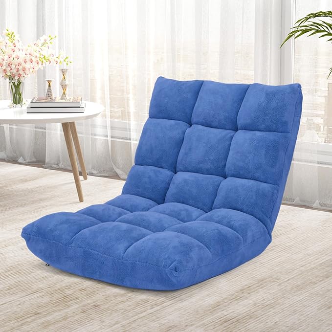 S AFSTAR Cushioned Floor Chair 14-Position Adjustable Padded Lazy Recliner with Comfortable Back Support and Skin-Friendly Cover Great for Reading Playing Game Meditating (Blue)