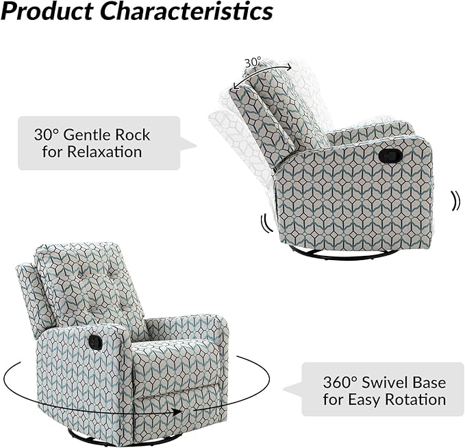 HULALA Home Recliner Chair Modern Printed Fabric for Living Room Wingback Rocker Recliner Sofa Comfy Armchair 360 Degree Swivel Nursery Rocking Chairs with Adjustable Backrest &amp Footrest/Ivory