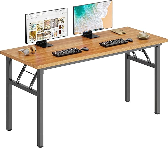 DlandHome Large Computer Desk Folding Desk Decent and Steady Home Office Desk/Workstation/Table 54.3inch Teak Black