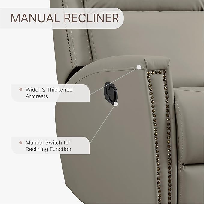 Recliner Chair Leather Swivel Rocker Reclining Sofa for Adults Manual Single Sofa with Rivet Decoration for Living Room Bedroom