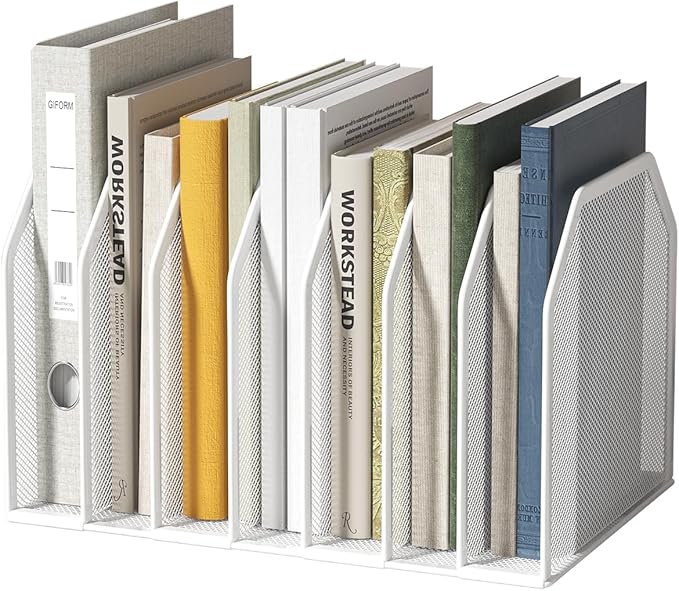 Metal 7 Section File Folder Organizer for Desk | Vertical Office File Holder | Heavy-Duty Mesh Document Sorter for Books Binders Laptops | Desk Organizer7 Sections White