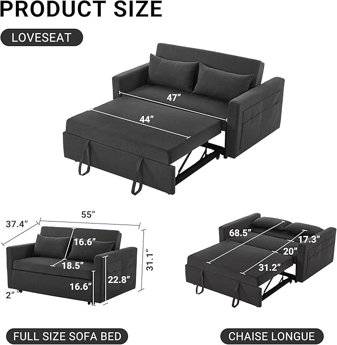 55.5 Fabric Convertible Sofa Bed Pull Out Sleeper Sofa Bed Loveseat Couch with Side Pocket 3 in 1 Convertible Sleeper Sofa Bed for Living Room Apartment Bedroom RV Black