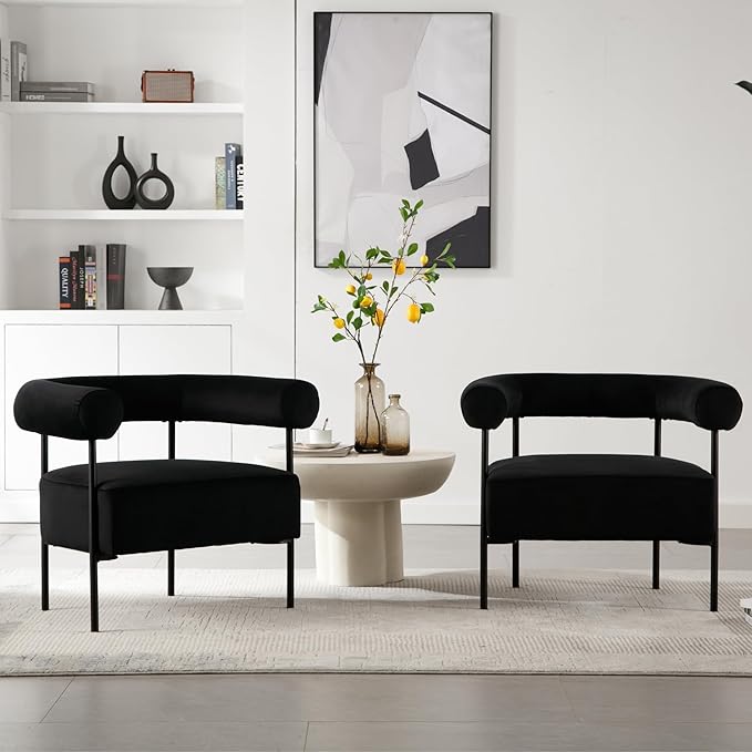 Wahson Black Accent Chair Set of 2 with Metal Legs Velvet Upholstered Barrel Chair with Curved Backrest Small Modern Reading Chair for Living Room/Bedroom/Office