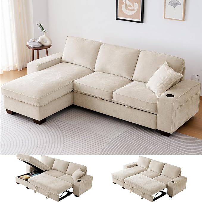 ASHOMELI 99 Convertible Sleeper Sofa BedL Shaped with Storage Chaise Pull Out Couch for Living RoomUSB and Type-CRemovable Washable Chenille Covers (Beige)