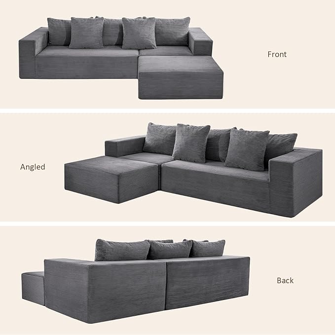 INGEROOM 108 Modular Cloud Sectional Couch with Deep Seat Boneless Sofa with Movable Ottoman Plush Corduroy Memory Foam Couch for Living Room No Assembly Dark Gray
