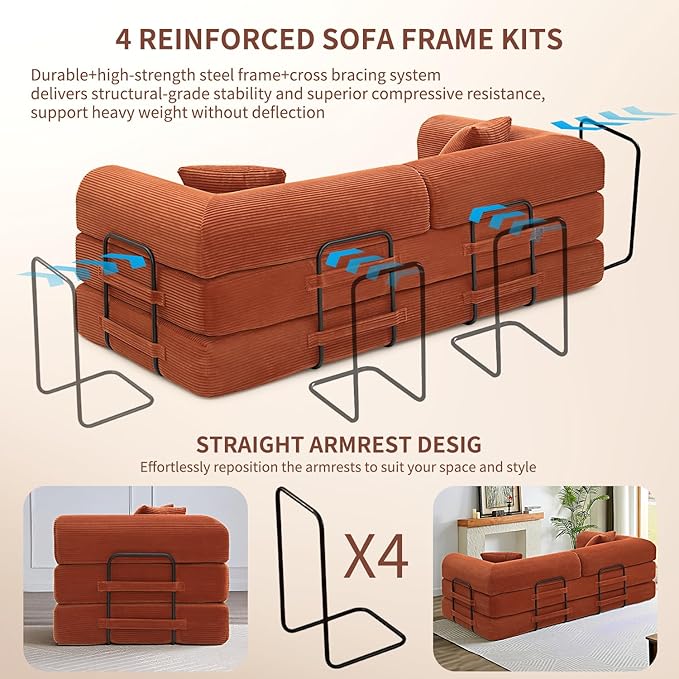 Convertible Sleeper Sofa Bed 1600lbs Weight Capacity Floor Sofa Bed with Fixed-Shape Frame Corduroy Foldable Couch for Small Space Lounge Mattress for Living Room Apartment Game Room (Orange)