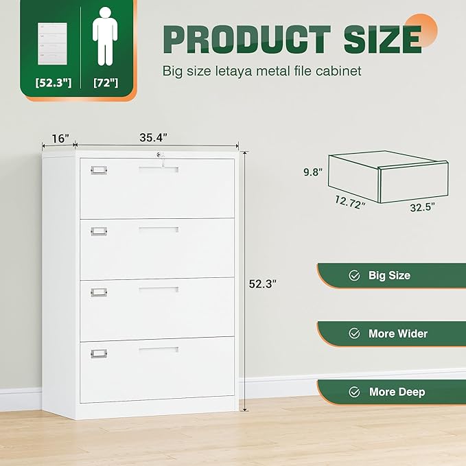 Letaya 4 Drawer File Cabinet with Lock Metal Lateral Filing Cabinet Wide Office Organization Storage for Home Office Hanging Letter/Legal/F4/A4 (White-Requires Installation)