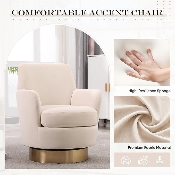 360° Swivel Barrel Chair Set of 2 28.3 Modern Velvet Round Accent Chair Comfy Upholstered Small Armchair with Gold Metal Base for Living Room Bedroom Nursery Office Sillas para Sala Beige