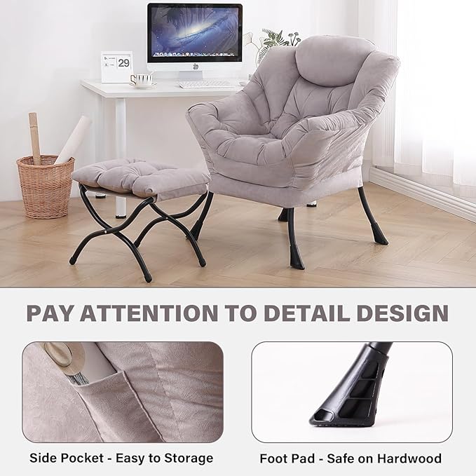 Tiita Modern Lazy Chair with Ottoman Large Accent Armchair Leisure Sofa Armchair with Footrest for Bedroom Living Room and Dorm Rooms