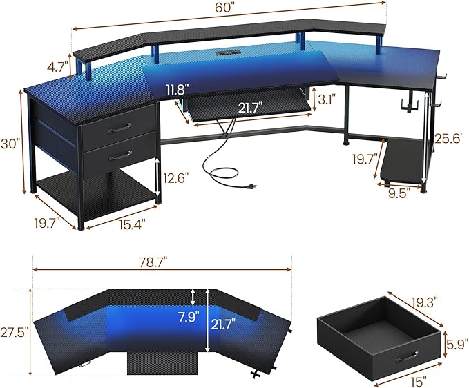 Itaar 79 Gaming Desk with 2 Fabric Drawers Long Computer Desk with Power Strip &amp LED Lights U Shaped Desks with Storage and Cup Holder Large Gaming Table for Bedroom Carbon Fiber Black