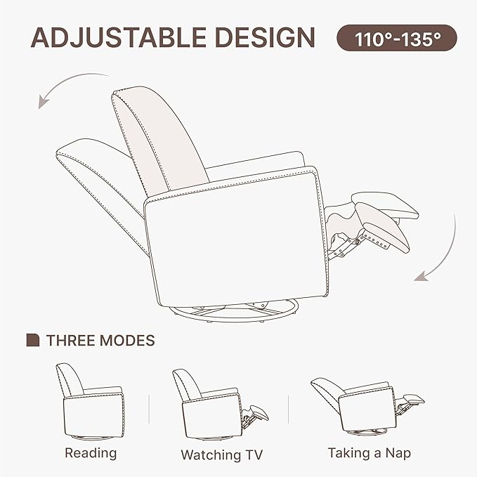 Swivel Rocker Recliner Chair Nursery Glider Recliner Manual Rocking Comfy Upholstered Fabric Reclining Single Sofa for Nursery Bedroom Living Room