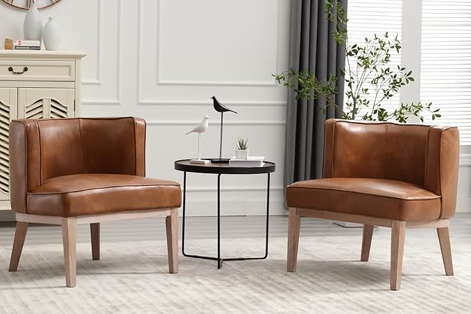 Arm Accent Chair Barrel Accent Chair with Wood Legs Brown Leather Comfy Barrel Round Side Chair Upholstered Reading Chairs with Back for Living Room Bedroom Living Room Chair Brown