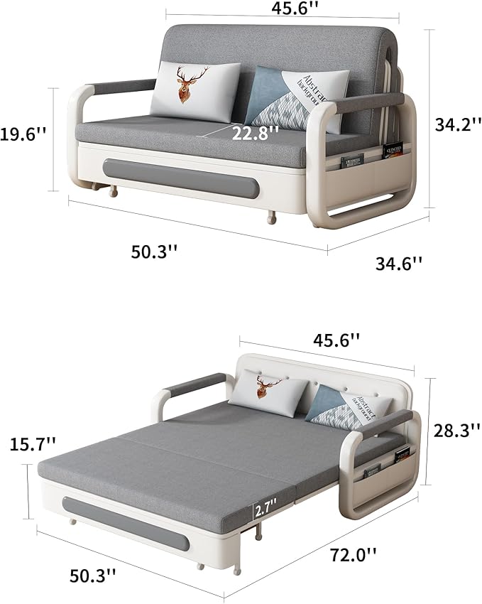 Pull-Out Sofa Daybed with Trundle - Versatile Futon Sleeper Couch for Living Room and Small Spaces (34.6 D x 50.3 W x 34.2 H)- Gray/White Sofa Bed