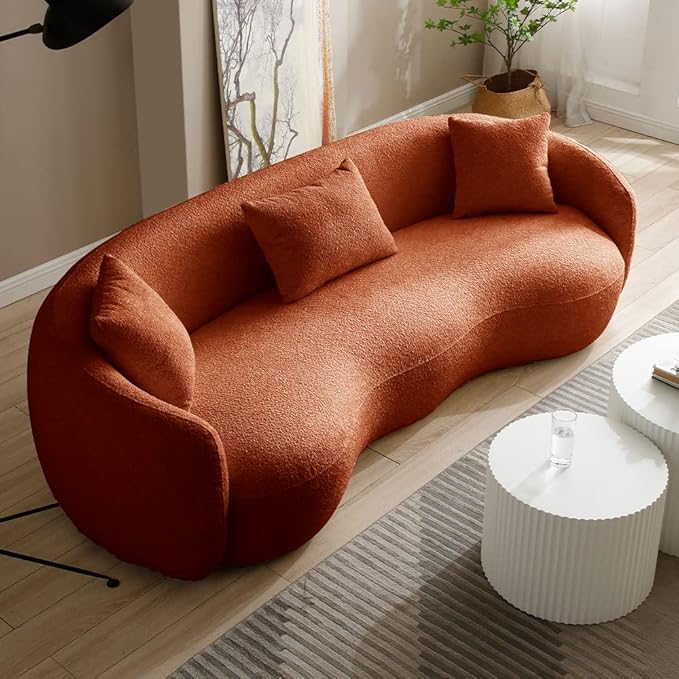 WILLIAMSPACE 93.6 Curved Sofa Modern Upholstered Boucle Curved Couch with 3 Throw Pillows 3-Seat Sofa Couch for Living Room Apartment (Orange)