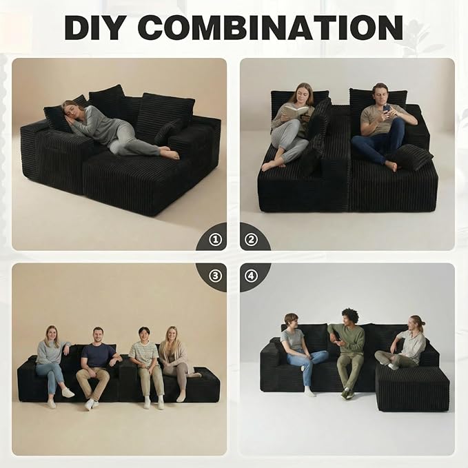 Boneless Couch for Living Room No Assembly Required Cloud Couch Modular Sectional Sofa with Plush Corduroy Fabric Minimalist Oversized L-Shaped Couch with Chaise Fluffy Pillows and Cushion.