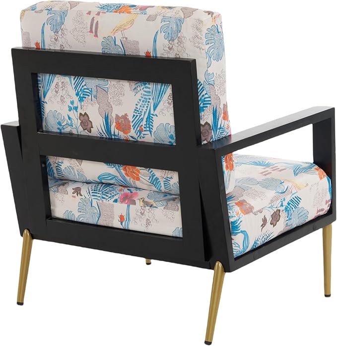 Retro Low Back Floral Print Velvet Accent Armchair with Gold Metal Legs &amp Rubberwood Frame Wide Armrest Mid-Century Lounge Chair with Pillow Back Sofa Chair for Living Room &amp Balcony Blue F