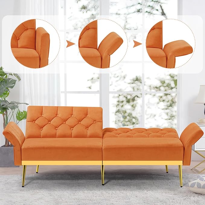 Velvet Sofa Bed w/Adjustable Armrests and Backrests Modern Convertible Sleeper Sofa Tufted Futon Sofa for Bedroom Living Room Apartment Orange