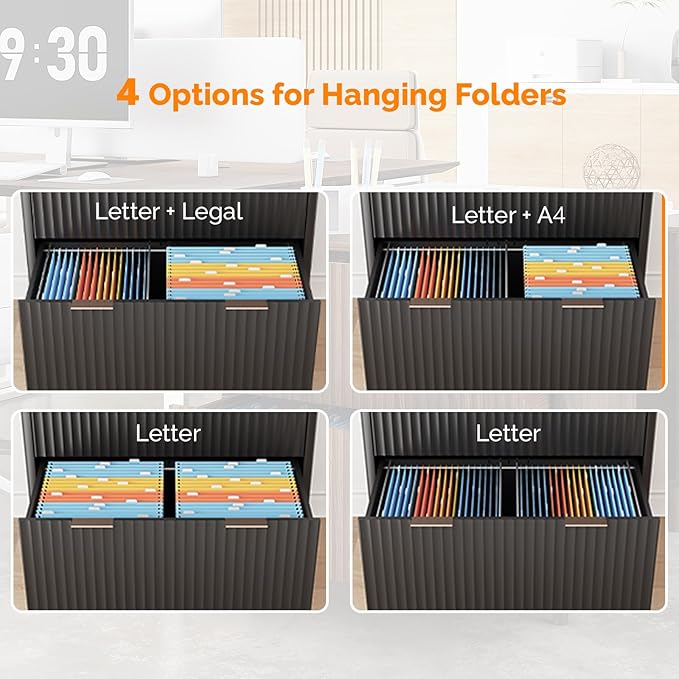 VINGLI 2 Drawer File Cabinet Home Office Filing Organizer for Letter Legal A4 Size File Folder Storage Modern Style Fluted Design Wood Lateral Filing Cabinet Printer Stand Archivador Black