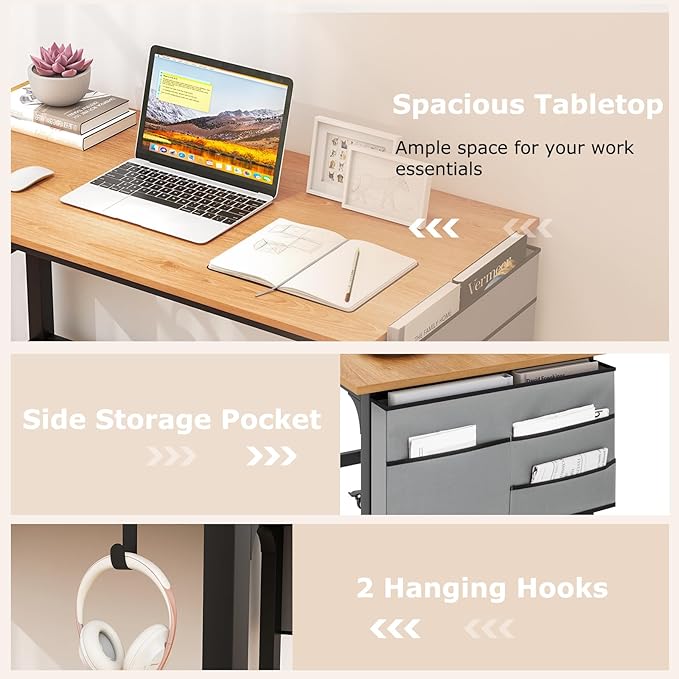Tangkula 48” Mobile Computer Desk with Storage Bag &amp 2 Hanging Hooks Rolling Home Office Writing Study Desk Rolling PC Workstation with Lockable Universal Casters for Study Room Bedroom