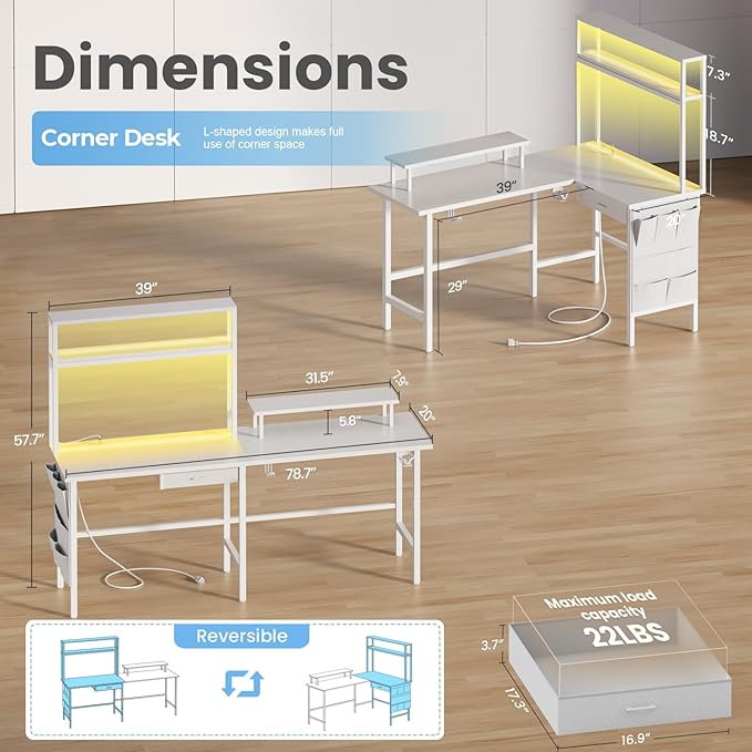 HLDIRECT L Shaped Desk with LED Light &amp Power Outlet 67 Inch Reversible Corner Gaming Desk with Storage Shelves &amp Drawer Computer Table with Monitor Stand Home Office Work Study White