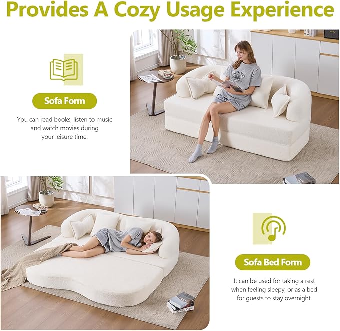 69.9 Folding Sofa Bed Full Sponge Convertible Sofa Bed with Wood Grain Chenille Fabric Easy to Carry Multi-Functional Guest Bed for Living Room Apartment Office