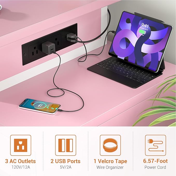 Computer Desk with 2 Fabric Drawers - Reversible Home Office Desk with Power Outlet &amp LED Lights 53 Writing Desk with Monitor Stand &amp Storage Shelves Gaming Desk Study Table with Pegboard