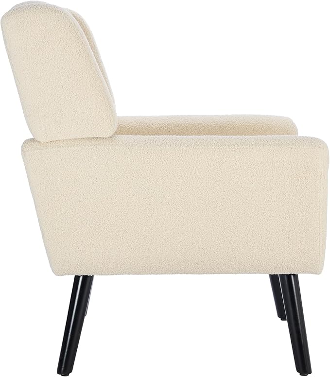Modern Soft Teddy Material Ergonomics Accent Chair Living Room Chair Bedroom Chair Home Chair with Black Legs for Indoor Home White Teddy Fabric