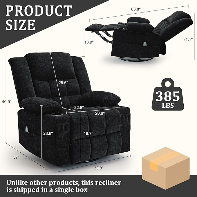 Adult 360° Rotating Recliner with Massage and Heating Functions Cup Holder and Manual Tilt Mechanism Suitable for Living Room and Bedroom (Fabric Black)