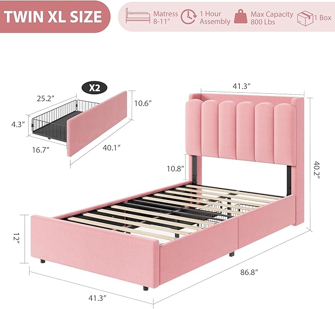 Garvee LED Twin XL Bed Frame with Storage Headboard Kids Bed Frame with 2 Drawers Boucle Upholstered Platform Bed for Girls Chic Wavy Headboard with Bookcase No Box Spring Needed Pink