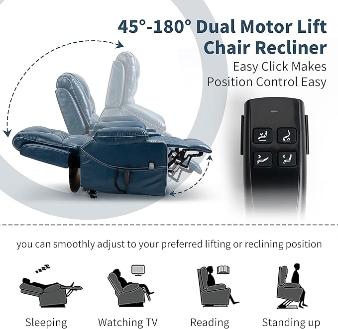 Large Power Lift Recliner Chair with Massage and Heat for Elderly Big and Tall People Dual Motor 180° Lay Flat Overstuffed Wide Leather Recliners with 2 Cup Holders Side Pocket