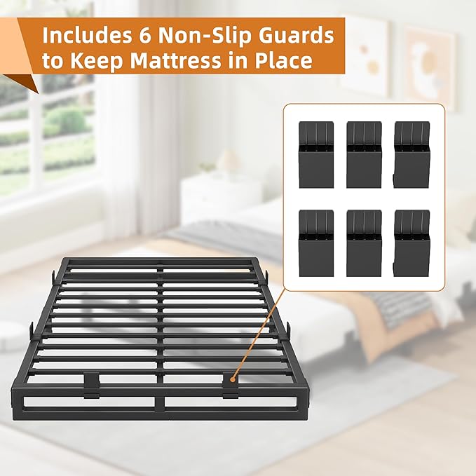 Full Size Bed Frame 6 Inch Metal Platform Bed Frames with Squeak Free U-Slot Design 6 Non-Slip Guards 3500lbs Heavy Duty Steel Slat Support No Box Spring Needed Under Bed Storage Black