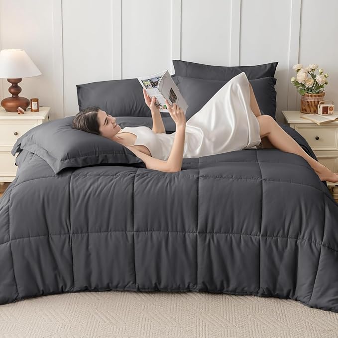 JOLLYVOGUE Twin Comforter Set Ultra-Soft Bed in a Bag Twin Size 5 Pieces Oeko-TEX Certified Bedding Set with Down Alternative Comforter Sheets Pillowcases &amp Shams Dark Grey