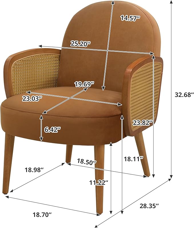 Mid Century Accent Chair with Rattan Armrests Wooden Legs for Living Room Reading Bedroom Balcony Brown