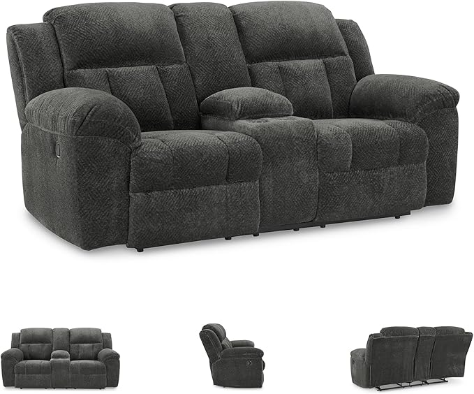 Signature Design by Ashley Frohn Contemporary Manual Reclining Loveseat with Console with Console Storage and Cup Holders Gray