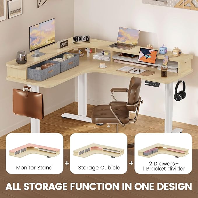 Flycity Electric L Shaped Standing Desk with Drawers 63 x 55 Corner Standing Desk Adjustable Height Stand Up Home Office Desk Dual Motor Sit Stand Desk with 3 Memory Preset &amp Lock Maple