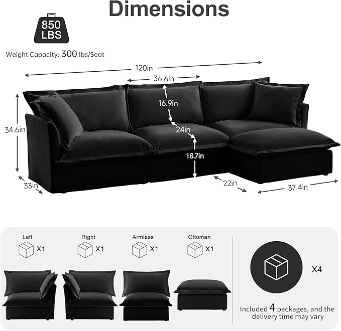 120 Inch 3-Seater Oversized Sectional Sofa with 1 Ottoman - Wide Deep Seat Removable Washable Chenille Fabric for Living RoomBlack